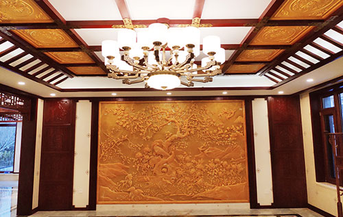 龙楼镇中式别墅客厅中式木作横梁吊顶装饰展示